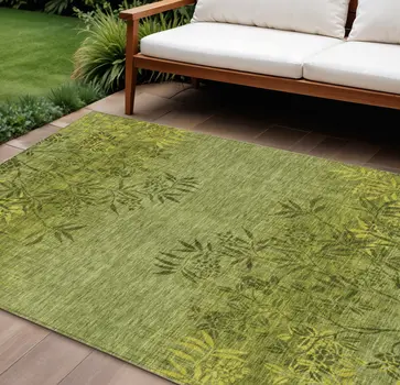 8' X 10' Olive Green And Fern Green Floral Washable Indoor Outdoor Area Rug