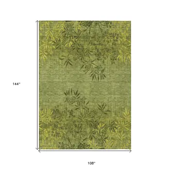 9' X 12' Olive Green And Fern Green Floral Washable Indoor Outdoor Area Rug