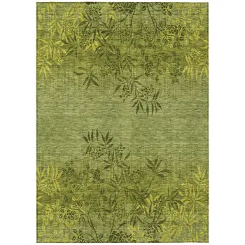 9' X 12' Olive Green And Fern Green Floral Washable Indoor Outdoor Area Rug