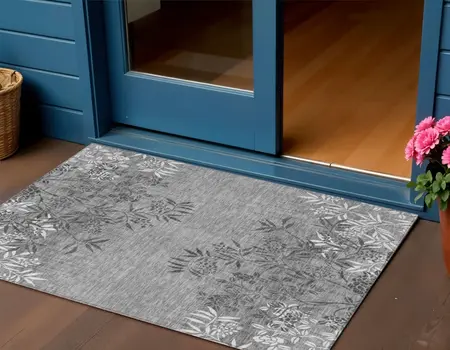 3' X 5' Gray Charcoal And Ivory Floral Washable Indoor Outdoor Area Rug