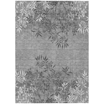 3' X 5' Gray Charcoal And Ivory Floral Washable Indoor Outdoor Area Rug