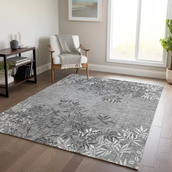 3' X 5' Gray Charcoal And Ivory Floral Washable Indoor Outdoor Area Rug