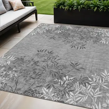 5' X 8' Gray Charcoal And Ivory Floral Washable Indoor Outdoor Area Rug
