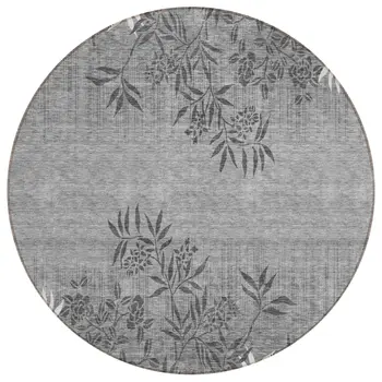 8' Gray Charcoal And Ivory Round Floral Washable Indoor Outdoor Area Rug
