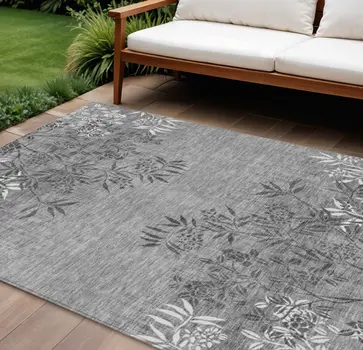8' X 10' Gray Charcoal And Ivory Floral Washable Indoor Outdoor Area Rug