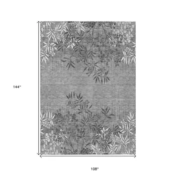 9' X 12' Gray Charcoal And Ivory Floral Washable Indoor Outdoor Area Rug
