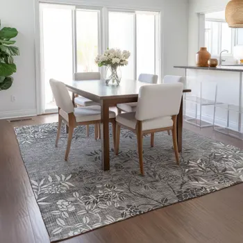 10' X 14' Gray Charcoal And Ivory Floral Washable Indoor Outdoor Area Rug