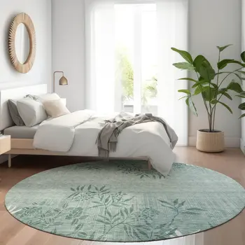 8' Sage Fern Green And Ivory Round Floral Washable Indoor Outdoor Area Rug