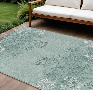 8' X 10' Sage Fern Green And Ivory Floral Washable Indoor Outdoor Area Rug