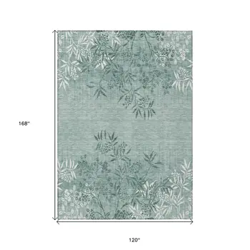 10' X 14' Sage Fern Green And Ivory Floral Washable Indoor Outdoor Area Rug