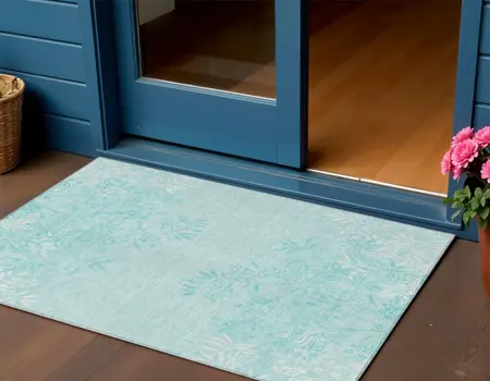 3' X 5' Teal Blue Aqua And Ivory Floral Washable Indoor Outdoor Area Rug