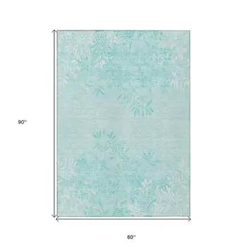 5' X 8' Teal Blue Aqua And Ivory Floral Washable Indoor Outdoor Area Rug