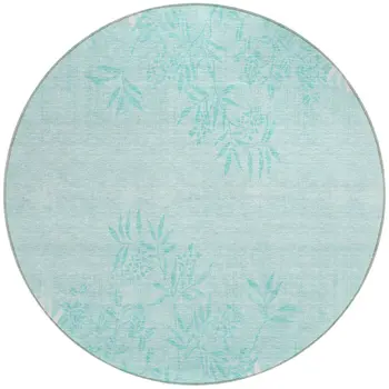 8' Teal Blue Aqua And Ivory Round Floral Washable Indoor Outdoor Area Rug