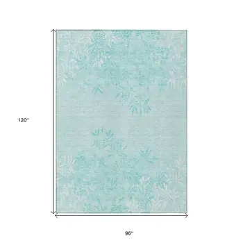8' X 10' Teal Blue Aqua And Ivory Floral Washable Indoor Outdoor Area Rug