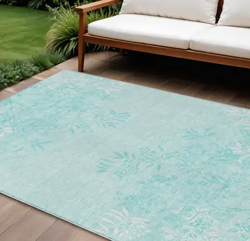 8' X 10' Teal Blue Aqua And Ivory Floral Washable Indoor Outdoor Area Rug
