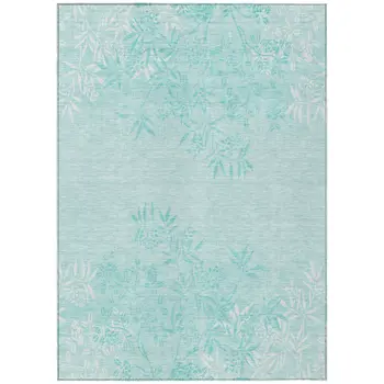 8' X 10' Teal Blue Aqua And Ivory Floral Washable Indoor Outdoor Area Rug