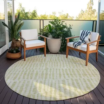 8' Beige And Tan Round Striped Washable Indoor Outdoor Area Rug