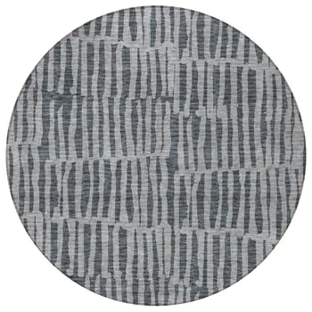 8' Charcoal And Gray Round Striped Washable Indoor Outdoor Area Rug