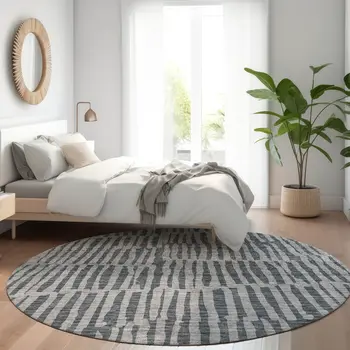 8' Charcoal And Gray Round Striped Washable Indoor Outdoor Area Rug