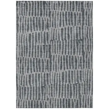 9' X 12' Charcoal And Gray Striped Washable Indoor Outdoor Area Rug