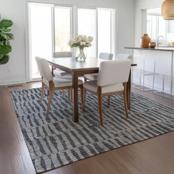 9' X 12' Charcoal And Gray Striped Washable Indoor Outdoor Area Rug
