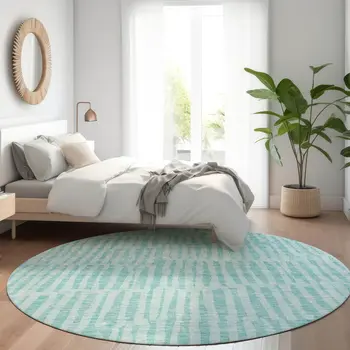 8' Teal Blue And Aqua Round Striped Washable Indoor Outdoor Area Rug