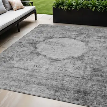 5' X 8' Gray Charcoal And Silver Oriental Washable Indoor Outdoor Area Rug