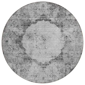 8' Gray Charcoal And Silver Round Oriental Washable Indoor Outdoor Area Rug