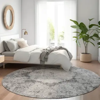 8' Gray Charcoal And Silver Round Oriental Washable Indoor Outdoor Area Rug