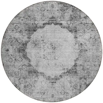 8' Gray Charcoal And Silver Round Oriental Washable Indoor Outdoor Area Rug