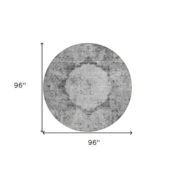 8' Gray Charcoal And Silver Round Oriental Washable Indoor Outdoor Area Rug
