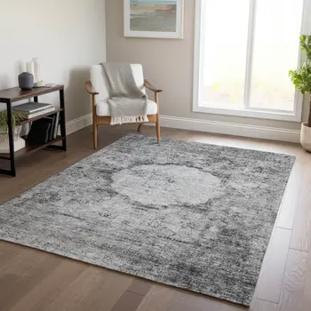 10' X 14' Gray Charcoal And Silver Oriental Washable Indoor Outdoor Area Rug