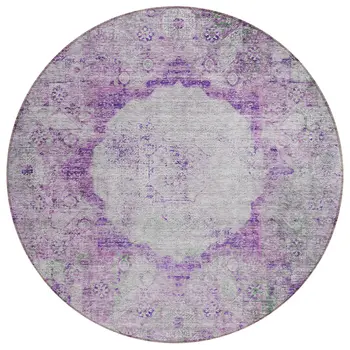 8' Purple Lavender And Gray Round Oriental Washable Indoor Outdoor Area Rug