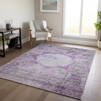 8' X 10' Purple Lavender And Gray Oriental Washable Indoor Outdoor Area Rug