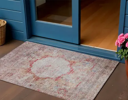 3' X 5' Red Gray And Blue Oriental Washable Indoor Outdoor Area Rug