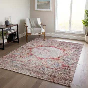 5' X 8' Red Gray And Blue Oriental Washable Indoor Outdoor Area Rug