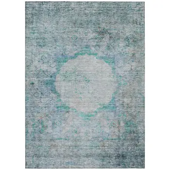 3' X 5' Teal Blue Aqua And Gray Oriental Washable Indoor Outdoor Area Rug