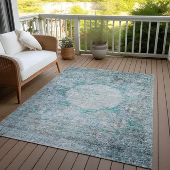 3' X 5' Teal Blue Aqua And Gray Oriental Washable Indoor Outdoor Area Rug