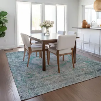 5' X 8' Teal Blue Aqua And Gray Oriental Washable Indoor Outdoor Area Rug