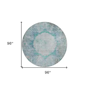 8' Teal Blue Aqua And Gray Round Oriental Washable Indoor Outdoor Area Rug