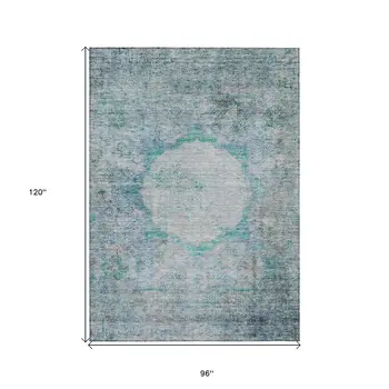 8' X 10' Teal Blue Aqua And Gray Oriental Washable Indoor Outdoor Area Rug