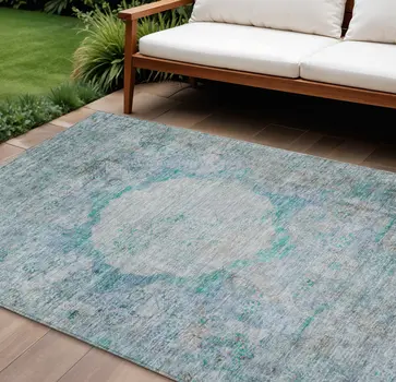 8' X 10' Teal Blue Aqua And Gray Oriental Washable Indoor Outdoor Area Rug