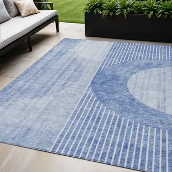 5' X 8' Denim Blue And Sky Blue Geometric Washable Indoor Outdoor Area Rug