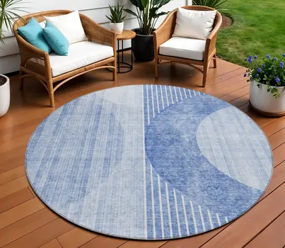 8' Denim Blue And Sky Blue Round Geometric Washable Indoor Outdoor Area Rug
