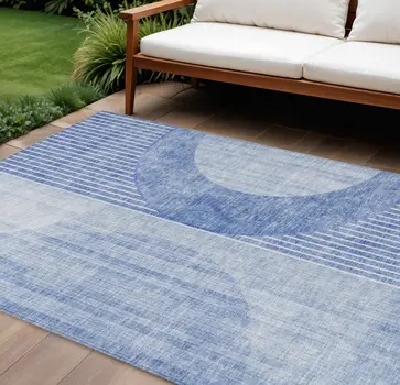 9' X 12' Denim Blue And Sky Blue Geometric Washable Indoor Outdoor Area Rug