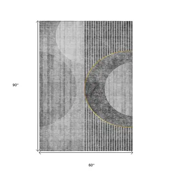 5' X 8' Charcoal Gray And Silver Geometric Washable Indoor Outdoor Area Rug
