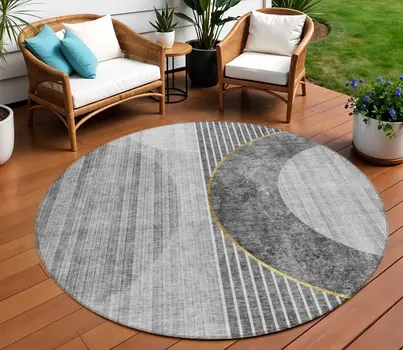 8' Charcoal Gray And Silver Round Geometric Washable Indoor Outdoor Area Rug