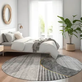 8' Charcoal Gray And Silver Round Geometric Washable Indoor Outdoor Area Rug