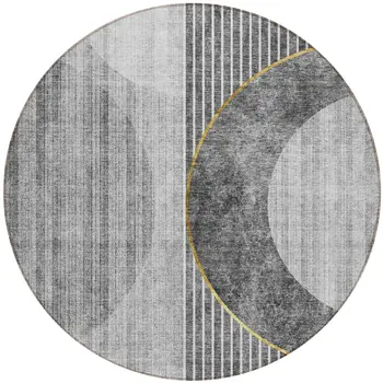 8' Charcoal Gray And Silver Round Geometric Washable Indoor Outdoor Area Rug