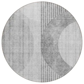8' Gray Silver And Charcoal Round Geometric Washable Indoor Outdoor Area Rug